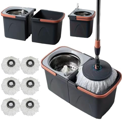 *NEW* SWISSPACK Revolving Spin Mop and Bucket With .5. Extra Pads Perfect For Easy Cleaning. Clean and Dirty Water Separtered For Perfect Finish (ORANGE-GREY)