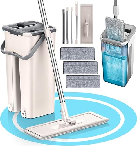 Dekohome Mopa con Cubo Escurridor con Compartimentos, Cabezal Plano y Flexible Rotación 360. Fregona Escurrefacil. Ideal para Limpiar Suelos, Paredes, Techos, Ventanas y Muebles, Incluye 3 Recambios