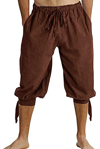 Runcati Shorts haremsbyxor för män med snörning viking sommarbyxor pirat medeltida kostym fritid strandshorts, Brun, XL