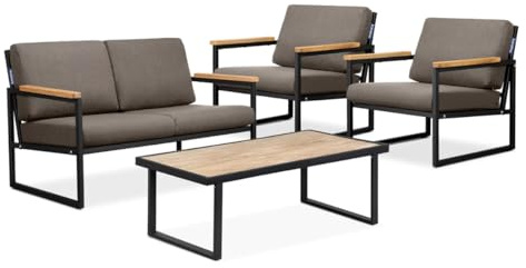 Konsimo Ensemble de meubles de jardin - Meubles de balcon imperméables - En acier et bois de chêne - Résistant aux taches et aux UV - Meubles de terrasse pour l'extérieur - Noir/beige