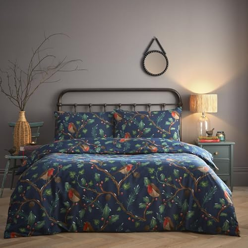 Portfolio Home Dalby Robins Holly Navy King Soft Easy Care Bed Linen Bedding Duvet Cover Quilt Set With Pillow Cases