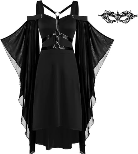 HBWHNIU Abito Gotico da Donna, Vestito Medievale, con Maschera Occhi in Pizzo Nero, Maniche a Farfalla Spalle Scoperte Abito Nero, Costume per Cosplay, Carnevale, Halloween (4XL)