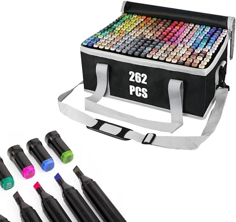 H&F Heimtextilien Alkoholmarker Set 262 Farben – doppelseitig (Fein & Breit) – schnelltrocknend, blendbar & wischfest – nummerierte Kappen & Tasche – für Manga & Illustration