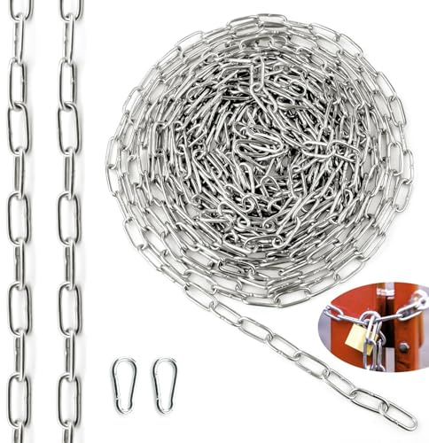 SWTYExt rostfri stålkedja, metervara, stålkedja, 10 m, 2 mm, rostfritt stål, kedjor, rund stålkedja, länkkedja, förlängningskedja, metallkedja med karbinhake för hundkedja, gungor, kedjor, ankarkedja,