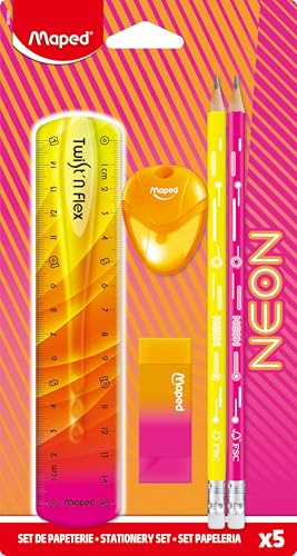 Maped Neon Stationery Set - Kit de moda para el regreso a clases, regla Twist & Flex de 15 cm, 2 lápices de grafito, sacapuntas iglú, borrador bicolor con funda, colores brillantes y llamativos