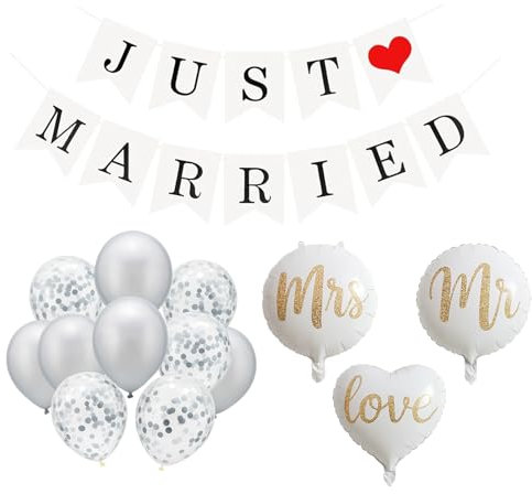 Just Married Decorations, Complete 14-Piece Wedding Balloon Set, Includes Just Married Banner and Wedding Balloons, Perfect for Bridal Shower Decorations and Anniversary Decorations