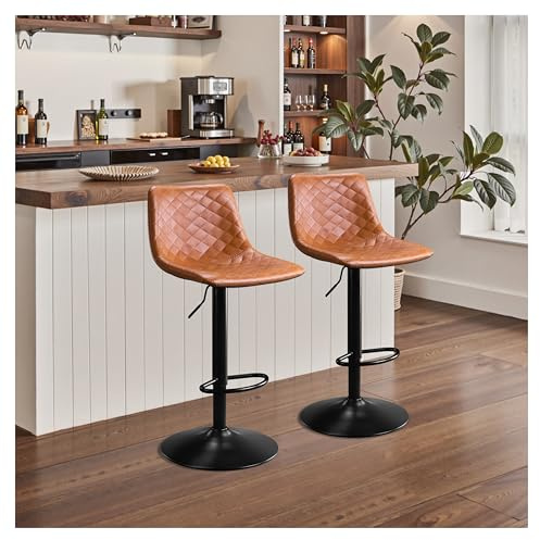 STOOLINK Taburete de Cocina Juego de 2, Taburete de Bar con Cuero Altura Ajustable, Silla Bar con Respaldo, Silla de Bar Rotación de 360°, Taburete Alto 150kg para Cocina - Marrón