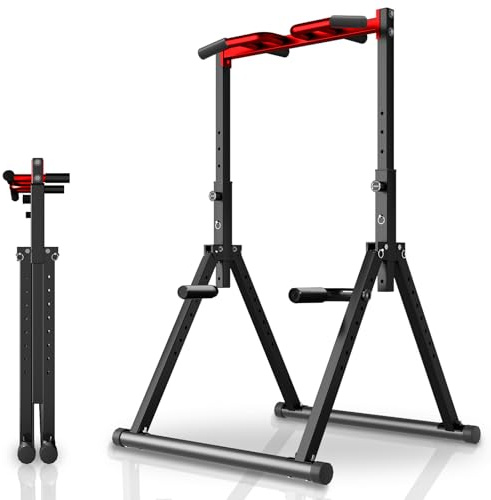 WATBKHE Power Tower Dip Station, barra pieghevole per trazioni domestiche, multifunzione Pull up Station Fitness Tower Attrezzo per l'allenamento della forza (Nero, Rosso-Multifunzionale)