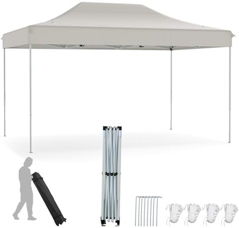 HOMASIS Carpa Plegable de 3 x 4,5 m, Cenador Impermeable para Exterior con Bolsa Enrollable, 4 Cuerdas, 8 piquetas, Altura Ajustable, Gazebo para Fiestas con protección UV (Beige)