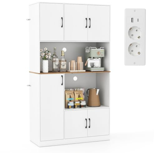 COSTWAY Armoire Cuisine Rangement 180 CM avec Prise, Buffet Vaisselier Cuisine 4 Placards, Plan de Travail, Support Micro-Ondes, Moderne, Meuble Rangement pour Salle à Manger, Salon (Blanc)