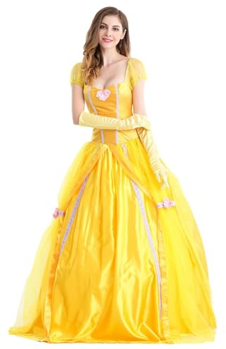 YOSICIL Déguisement de Princesse Belle Femme Adulte Cosplay La Belle et La Bête avec Gants Robe Longue d'Animateur en Tulle Halloween Carnaval Anniversaire Photoshoot, jaune, XL