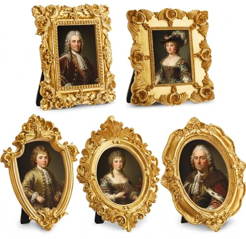 AceOrbit 5 Pcs Vintage Mini Gold Frame Small Resin Baroque Picture Frames Antique with Paper Board and PVC Film Retro Photo Ornaments for Home Wedding Wall Display DIY Decoration (Elegant Style)