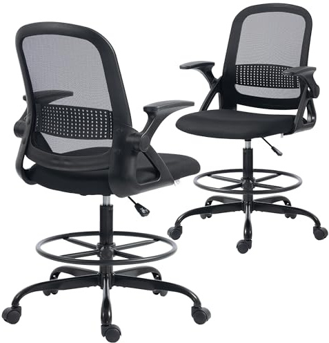 HOMCOM Drafting Chair Tall Office Desk Chair with Flip-up Armrests Black