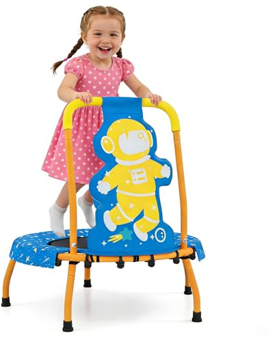 GYMAX Trampolino per Bambini 71cm con Maniglia, Tappetino di Sicurezza Senza Spazi e Maniglia in Schiuma, Trampolino Piccolo da Interno per Bambini 3+ Anni, Portata 80 Kg