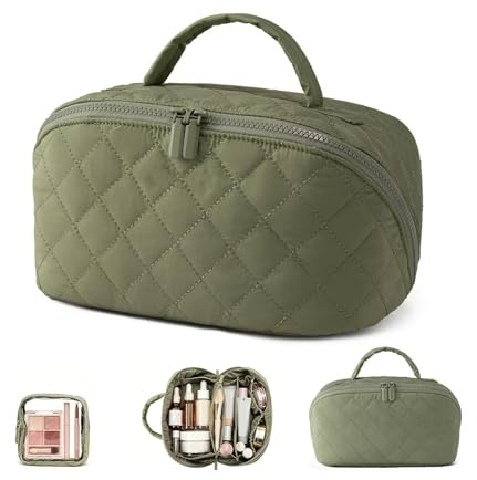 Flat Lay Makeup Bag, 1 Pcs Green Lay Flat Makeup Bag, 180° Open Flats Make-up Bags, Quilted Make-Up Bags with Brush Compartment and Handle, Large Capacity with Compartments (Green)
