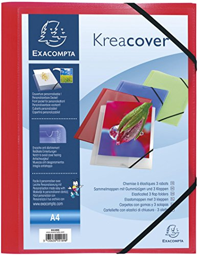 Exacompta - Réf. 55185E - Paquet 5 chemises à élastiques Kreacover - pochettes 3 rabats - en polypropylène translucide - dimensions 24 x 32 cm pour documents au format A4 - couleur rouge