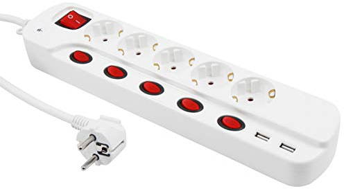 MC Power - Steckdosenleiste mit Einzelschaltung | 5-Fach | Mehrfachsteckdose mit 2X USB Steckerleiste, 1,5m Zuleitung