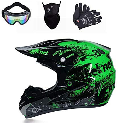 Casco de moto de cross con visera, gafas y guantes, casco de motocross, casco completo para bicicleta de montaña, casco de moto, para ATV Downhill, protección de seguridad (verde, S (54 cm - 55 cm)