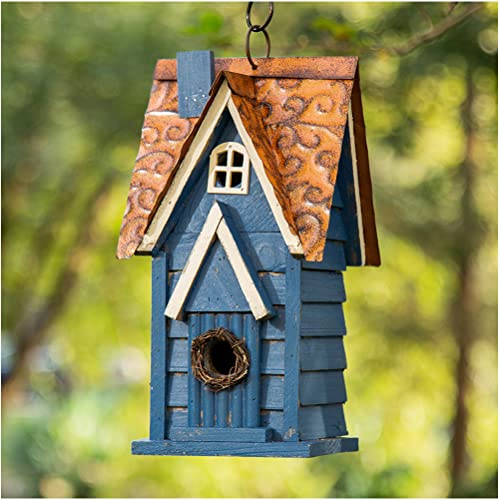 Glitzhome Bird Houses for Outside, 12 H Retro Blue Distressed Solid Wood Cottage Birdhouse Hanging Bird House for Outdoors, Bluebird House for Garden Patio Backyard