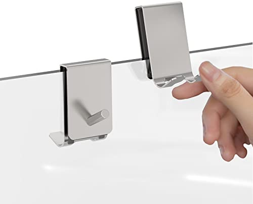 Linkidea 2 Pack Over Shower Door Towel Hook, Double Side Bathroom Towel Hooks with Non-Slip Sponge Pad, Shower Hook for Frameless Glass Doors, Silver