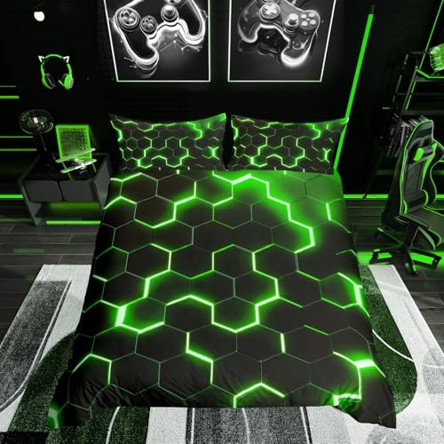 Homewish Honeycomb Duvet Cover King, Green Black Bedding Set Bedroom Decor | Teen Boys Neon Light Honeycomb Quilt Cover with 2 Pillowcases, Hexagon Modern Fashion Bed Sets
