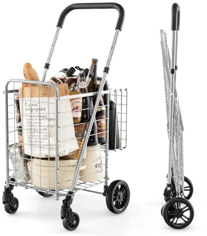 GYMAX Carro de la Compra Plegable de Metal, Carrito Compra Portátil con Doble Cesta 48 L+10 L, Soporta hasta 20 kg, 4 Ruedas, con Asa Ajustable de 89 a 95 cm (Plata)