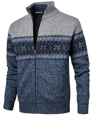 Herothorn Men's Chritmas Mode Cardigan Classic Full Zip Diamond Knitwear Fleece Lined Jumper Fine Knit Sweater Wiit Pockest for Autumn Winter Grey