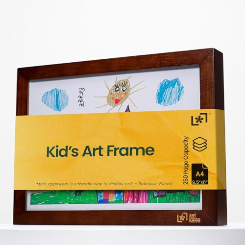 Artkiddo Magnetic Kids Art Frame 8.5x11 – Lift-Top Real Wood Artwork Display & Storage – Strap-Free Changeable Frame Holds 250 Drawings – Freestanding or Wall Mounted - Brown