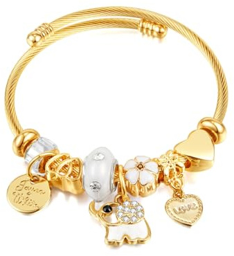 ATE Bracelet Jonc à Charms pour Femme en Acier Inoxydable Doré Bracelet Câble Torsadé Ajustable 16-21cm avec Breloques Éléphant et Cœur Idée Cadeau b214