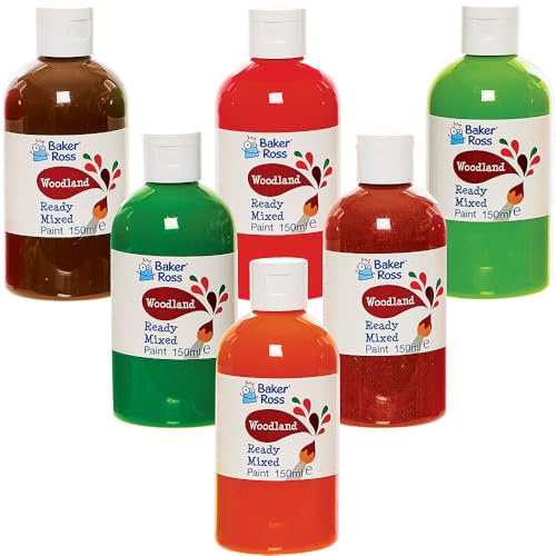 Baker Ross FN243 Woodland Ready Mixed Poster Paint Pack 150ml - Box of 6, Paint Value Pack of Bottles, Paint for Kids