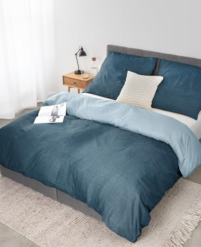 lionto dibea Renforcé-Wendebettwäsche aus 100% Baumwolle, 155x220 cm, Kissenbezug 80x80 cm, 2-teilige Bettwäsche zu jeder Jahreszeit, pflegeleicht und formstabil, inkl. Oeko-TEX Zertifikat, blau