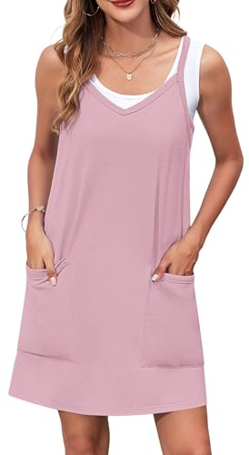 WNEEDU Femme Robe d'été Mini-Robe sans Bretelles Spaghetti Robes de Plage avec Poches Col V Sport Décontractée Robe de Tennis de Vacances