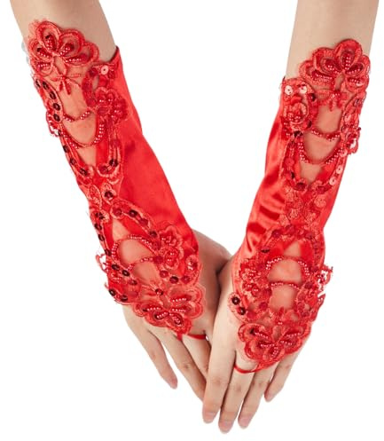 GORGECRAFT 2 Paire Gants en Dentelle sans Doigts de 28cm Motif Floral pour Robe de Mariée Opéra 1920s Paillettes Lolita pour Bal de Promo Manchettes Manches pour Mariées Robe de Soirée Conduite Rouge