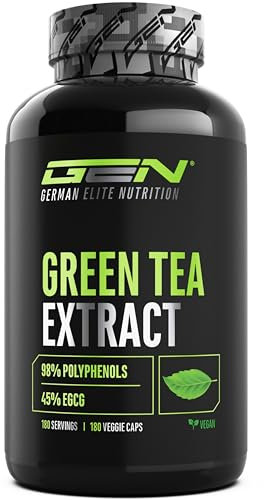 Green Tea Extract - 180 Kapseln - Extra hochdosiert mit 750mg Grüner Tee Extrakt pro Kapsel - 95% Polyphenole & 45% EGCG - Grüntee ohne unerwünschte Zusätze - Vegan