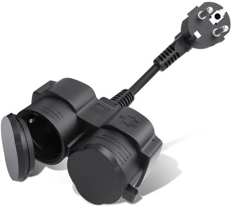 Doppelstecker Außen, Verlängerungskabel Doppelstecker 1 auf 2, Y-Stromkabel mit Winkelstecker & Klappdeckel für Garten, Küche, Schwarz, Outdoor Steckdose für Innen & Außen