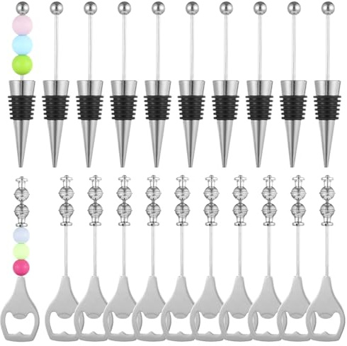 Juego de 10 tapones de vino con cuentas y 10 abridores de cerveza, acero inoxidable reutilizable con asas personalizables