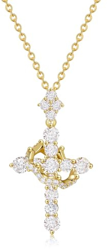 Easter Basket Stuffer Moissanite Crown Cross Necklace 14K Gold Vermeil Dainty Iced Out Christian Faith Cross Jewelry Pendant S925 Sterling Silver Simple Gold Moissanite Cross Necklace For Women