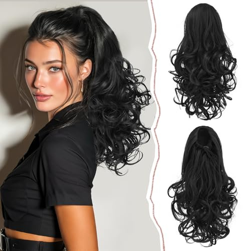 Sofeiyan Estensioni per Capelli Coda di Cavallo con Coulisse,35 cm Nero Naturale Parrucca Lunga Riccioli Ondulati,Posticcio Ponytail Sintetico Naturale per Donne