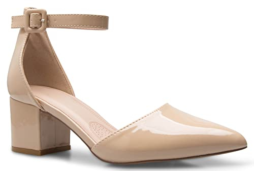 Olivia K Women's Classic Pumps Close Toe Ankle Strap Kitten Heel - Adorable Low Block Heel, Beige Patent, 5 UK