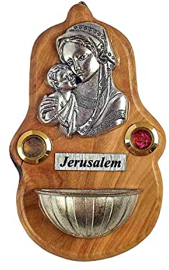 Zauberhaftes Weihwasserbecken 12cm x 7cm aus Olivenholz und Messing, mit Gottesmutter Maria mit Jesuskind, gesegnetem Weihrauch und Blütenblättern aus dem Heiligen Land.