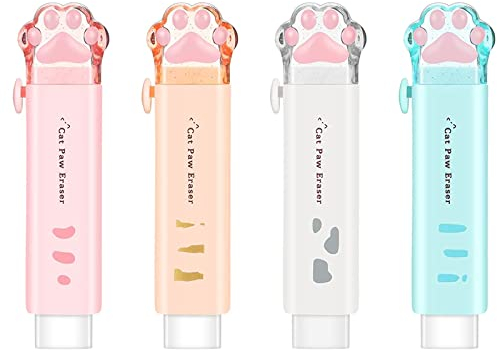 HDKAJL Katzenpfoten Radiergummi, 4 Stück Einziehbare Radiergummis, Niedliche Kawaii Push-Pull Radiergummi für Kinder, Fasching, Studenten, Schreiben, Büro, Schulbedarf