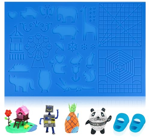 Tapis en silicone pour stylos 3D, modèle de stylo 3D, grand tapis 41,5 x 27,5 cm avec 2 doigtiers, tapis de stylo 3D avec motif animal pour enfants, débutants et artistes de stylos 3D (bleu)