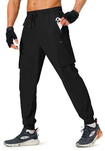S Spowind Men's Hiking Pants Cargo Lightweight Quick Dry Elastic Waist Golf Joggers with Zipper Pockets Water Resistant Black