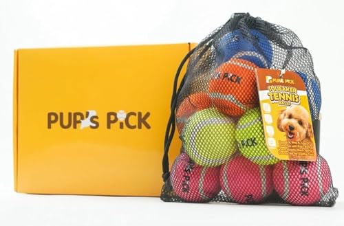 Pup's Pick Squeaky Tennis Balls - 2.5 Fun Dog Balls for Fetch, 12-Pack in Bright Colors (Yellow, Blue, Pink, Orange), Includes 1 Reusable Carry Bag