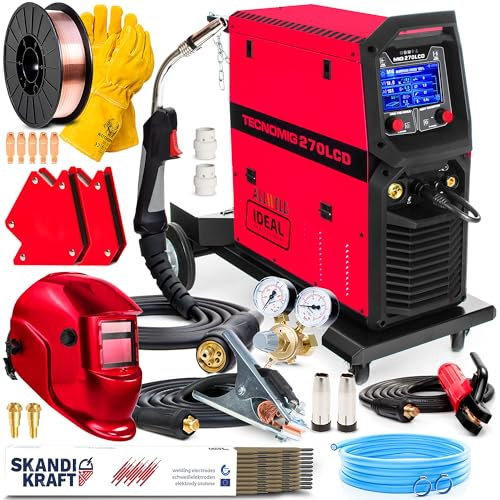 Ideal Tecno MIG 270 LCD - Soldador Inverter Profesional 270A 400V - Sinergia - MIG/MAG, MMA y TIG - Regulación de Inductividad - 2T/4T, Alimentador de Hilo de 4 Rodillos, Chasis Rodante - Set Premium
