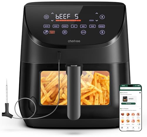 Chefree Heißluftfritteuse mit Sichtfenster, 6.5L Kapazität Airfryer,6-7 Portionen,8 in1,Drehfunktion,Thermometer-Sonde, Smart und Timer-Funktion,Antihaftbeschichtung, Spülmaschinenfest,Schwarz,AF500