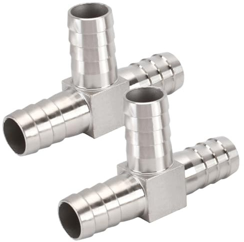 Lot de 2 raccords de tuyau cannelés en T à 3 voies en acier inoxydable pour carburant, gaz, liquide, air (15 mm)