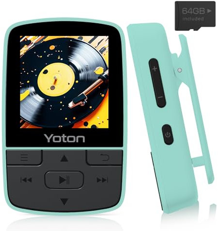 Yoton Reproductor MP3 con Bluetooth 5.2, 64GB Mini HiFi-Music Player con Clip Deportivo, Reproductor MP3 Portátil para Niños con Botón de Volumen Independiente, Radio FM, Auriculares Incluidos, Verde