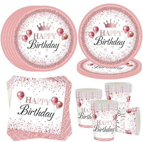 OMZSXK Set di stoviglie in oro rosa per 16 ospiti, set di piatti per feste di compleanno, piatti di carta, bicchieri e tovaglioli, decorazione per compleanno per uomini, donne e bambini