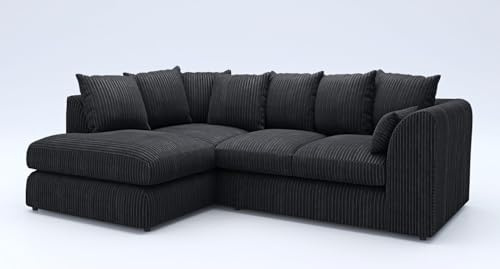 New Fabric Corner Sofa Firm | Soft Jumbo Cord 3-4 Seater Corner Sofa Left/Right Hand Facing (Black, Left Hand Facing)